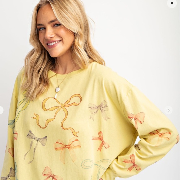 Easel Pear Yellow Bow Print Knit Terry Top Sweatshirt like structure - Picture 2 of 5